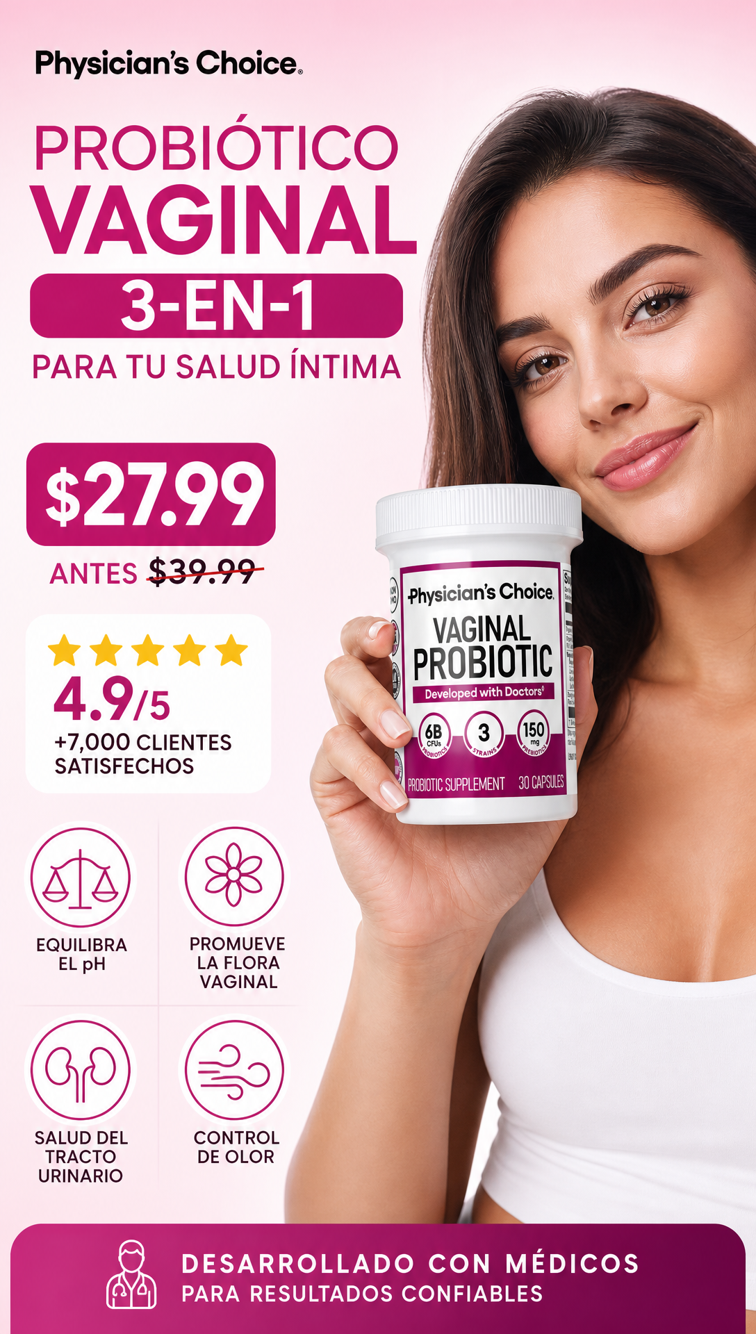 Probiótico Íntimo 3 en 1 para equilibrio de pH naturalmente